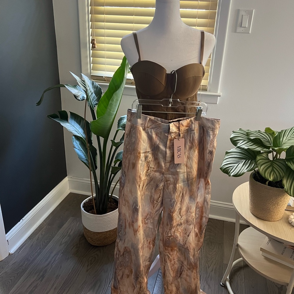 Satin Marble-Print Wide Leg Pants - Brown